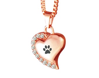 Paw Rose Gold Heart with Crystals Urn Pendant Necklace - Memorial Ash Cremation Jewellery