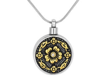 Black and Gold Flower Circle Cremation Urn Pendant - Memorial Ash Keepsake Jewelry - Personalized Engraved