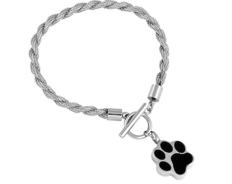 Silbernes Urnenarmband mit Pfotenabdruck, Erinnerungsschmuck zur Aufbewahrung der Asche eines verstorbenen Haustieres, personalisiertes Andenken und Trauergeschenk