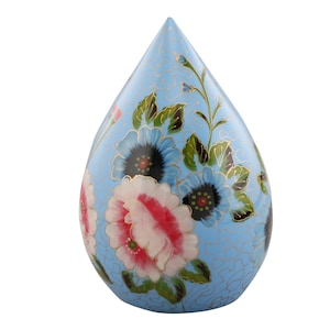 Hand Painted Teardrop Pale Blue Flower Cremation Urn for Adult or Pet Cremains Memorial
