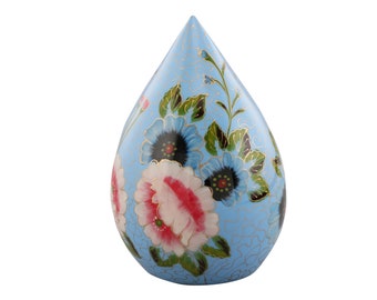 Hand Painted Teardrop Pale Blue Flower Cremation Urn for Adult or Pet Cremains Memorial