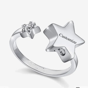 Silver Star Cremation Urn Ring with Optional Personalisation - Memorial Ash Keepsake Jewellery