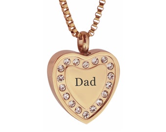 Crystal Dad Rose Gold Heart Urn Pendant - Memorial Ash Keepsake Jewellery - Personalised Engraved