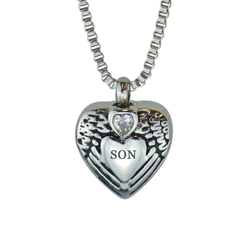 Son Angel Wings Crystal Heart Urn Pendant Necklace Memorial Ash Keepsake Cremation Jewellery Engraving Service image 1