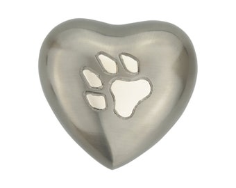 Paw Print on Pewter Heart Urn Keepsake for Dog Cat Ashes Cremation