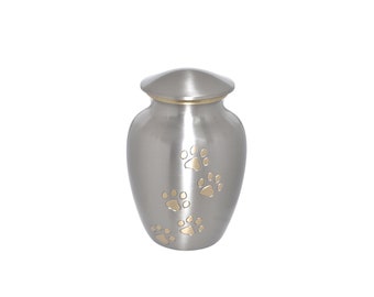 Silver with Gold Paws Urn for Dog Cat PetCremation Ashes Cremains Memorial