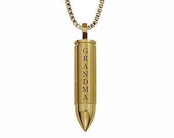 Colgante de urna de oro con forma de bala de abuela - Joya de recuerdo para cenizas - Grabado personalizado