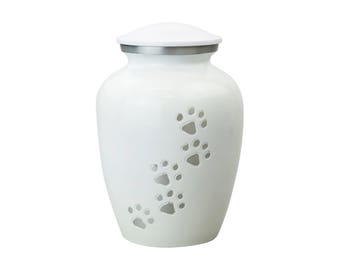 White Urn with Silver Paw Prints for Pet Cat Dog Ashes Cremation Memorial