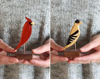 Handmade Wooden Birds Figure | Cardinal & Goldfinch
