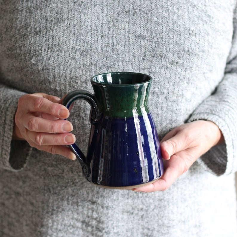 Handmade Pottery 12-14 oz. Large Mug 8 colors Navy + Green