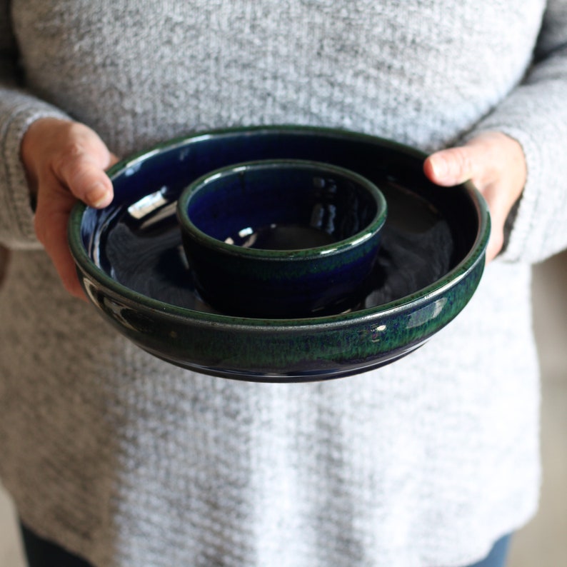 Handmade Pottery Small Chip n' Dip Bowl 9 colors Navy + Green