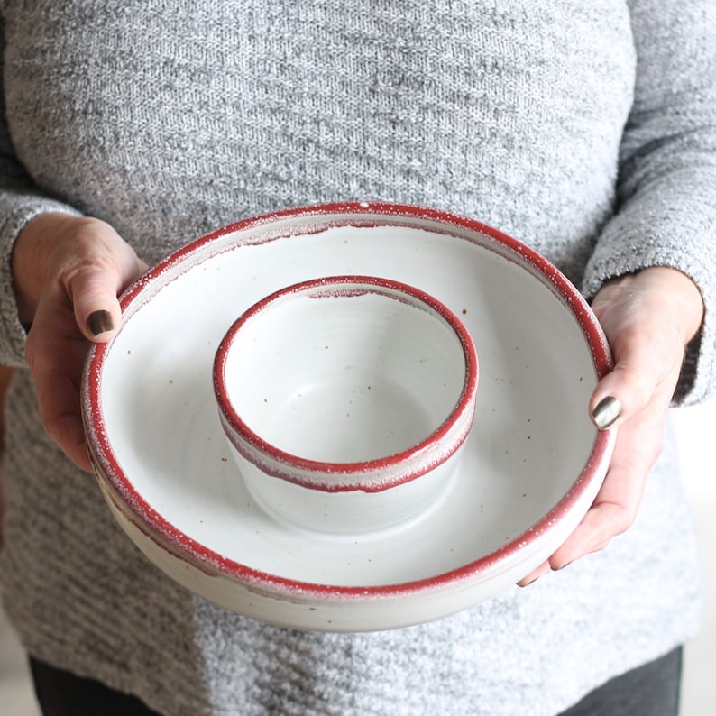 Handmade Pottery Small Chip n' Dip Bowl 9 colors White + Red