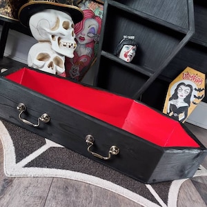 Coffin shaped, small pet Bed, or toy storage box, Black,red or purple inside, with handles.