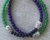 Halloween bracelet of Black Agate, green Aventurine, Purple Amethyst Gemstones, Tibet Silver skulls