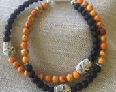 Halloween bracelet of Orange and Black Agate Gemstones, Tibet Silver skulls