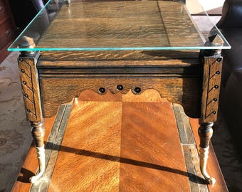 Vintage glass topped Eastlake inspired ebonized quartersawn oak accent table