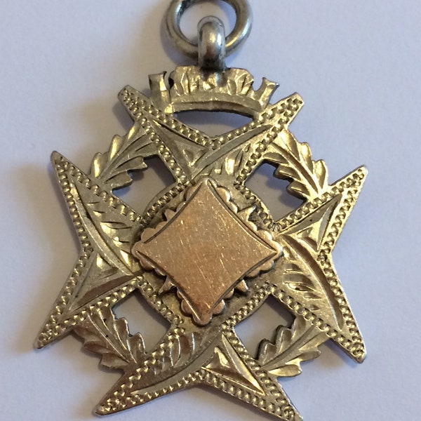 Vintage 1930s Silver and Gold Accent Pocket Watch Chain Fob - 35mm x 31mm - with Birmingham Silver Hallmarks.