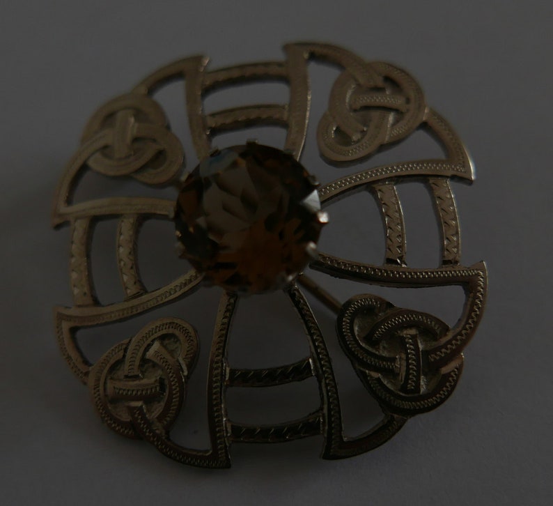 Vintage Scottish Edinburgh Hallmarked 1965 Silver and Citrine Celtic Knot Brooch 40mm diameter made by Thomas Ebutt.