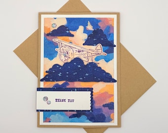 Handmade Thank You Card with Plane and Clouds