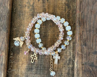 Handmade Angel and Cross Charm Beaded Bracelet Set Pink and White Crystal Beads, Stretch Bracelet