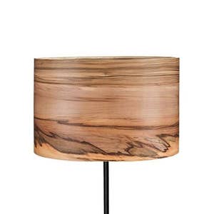 May include: A black floor lamp with a wooden shade. The shade has a natural wood grain pattern. The lamp has a round base and a foot switch.