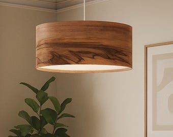 Walnut Wood Pendant Light – Scandinavian Ceiling Lamp – Handmade Natural Lighting for Dining Room or Living Room