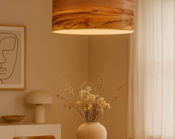Wood Veneer Pendant Light – Modern Natural Hanging Lamp, Handmade Drum Ceiling Light for Dining Room or Kitchen – Scandinavian Style Light