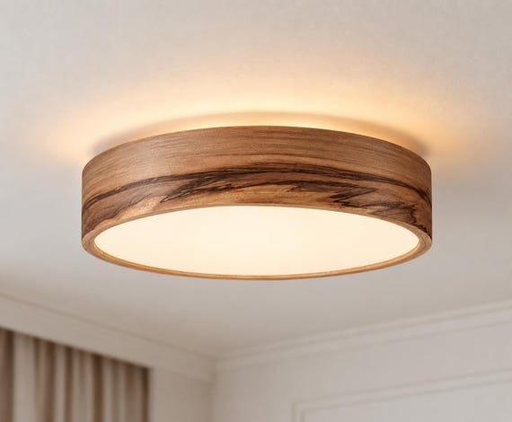 Handmade Satin Walnut Drum Ceiling Light, Mid Century Modern Floating Lamp
