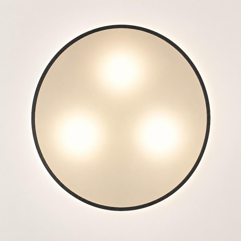 May include: A circular flush mount ceiling light fixture featuring a thin black metal frame surrounding a frosted white glass diffuser. The light emits a soft glow with three distinct, brighter circular illumination points visible.