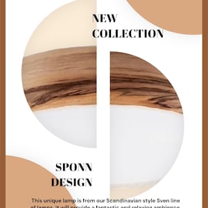 May include: A flush mount floating lamp with a wood veneer finish, featuring a circular design with natural wood grain patterns and a white light diffuser. The text reads: New Collection, Flush Mount Floating Lamp Wood Veneer Light, Sponn Design.