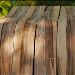 Puede incluir: Primer plano de un conjunto de chapas de madera, cada una con un patr&oacute;n de veta &uacute;nico. Las tiras est&aacute;n dispuestas en forma curva, mostrando la belleza natural de la madera.