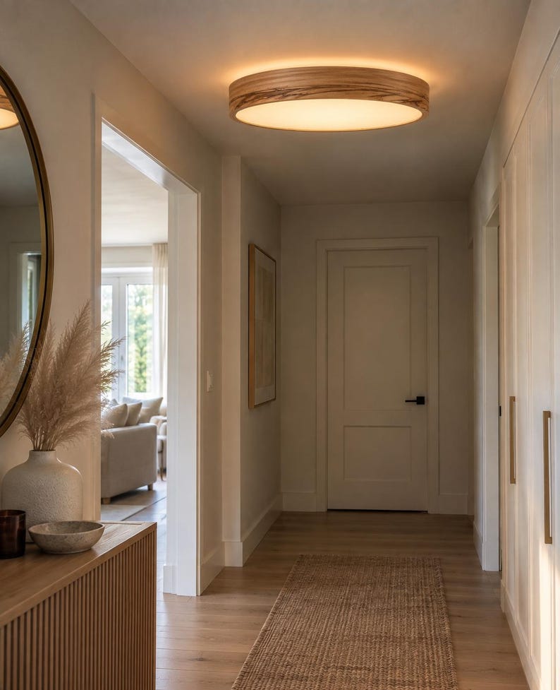 May include: A round flush mount ceiling light fixture featuring a natural wood grain frame and a frosted white diffuser. The light emits a warm glow, illuminating the hallway ceiling with a circular design that integrates into the interior space.