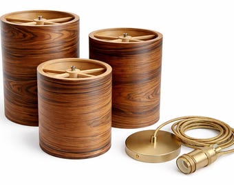 Set of 3 Rosewood Pendant Lights, Mid Century Modern Wood Veneer Hanging Lamp