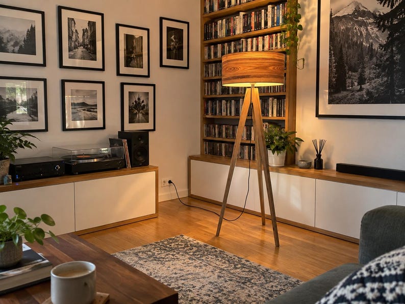 May include: A tripod floor lamp with a cylindrical wooden shade featuring a prominent grain pattern. The lamp stands on three slender wooden legs and emits a warm, soft glow, illuminating the surrounding space in a living room setting.