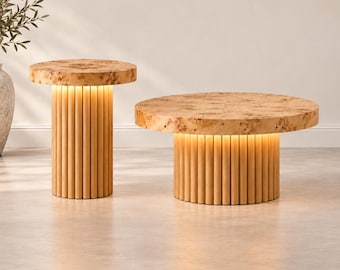Set of 2 Natural Wood Tables: Coffee Table & Side Table with Ribbed Bases, Dimmable LED or No LED Options