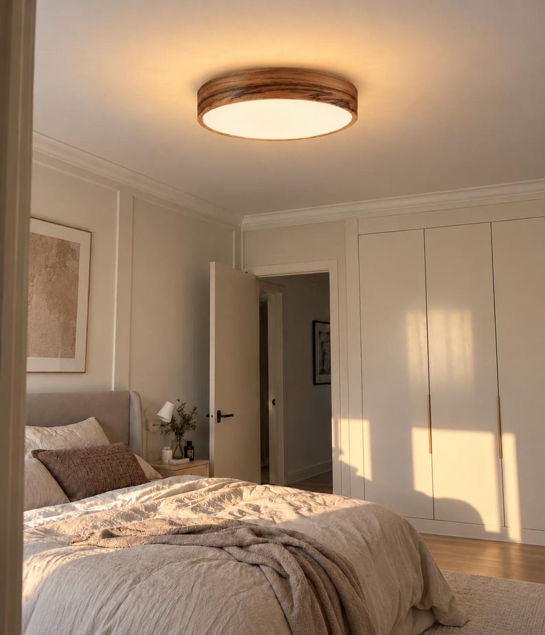 May include: A round flush mount ceiling light fixture featuring a circular wooden frame with a visible grain pattern and a flat, white, translucent diffuser that emits a warm, soft glow, illuminating the room from the center of the ceiling.