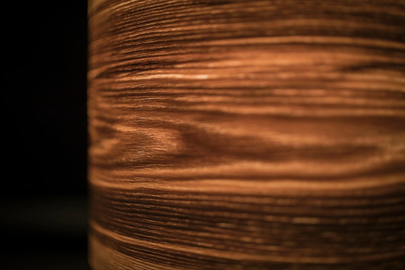 May include: A cylindrical object featuring a warm, medium-brown wood grain pattern with horizontal lines. The surface displays natural organic textures and variations in tone, transitioning from light amber to deep brown, set against a dark background.