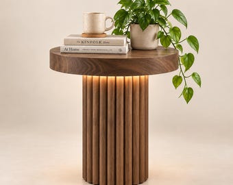 Mid Century Round Side Table with LED | Ribbed Base Walnut Nightstand