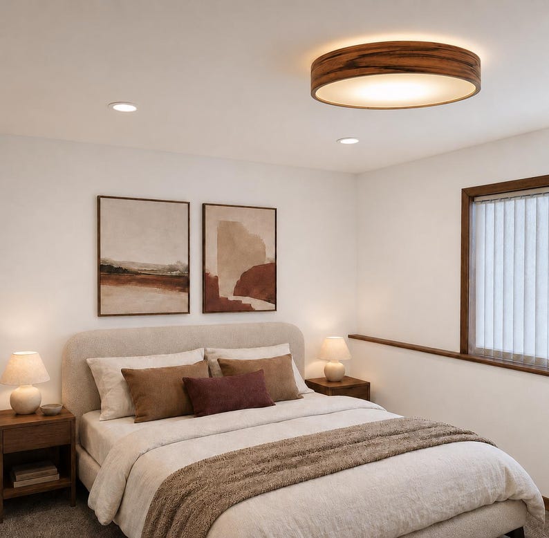 May include: A round ceiling light fixture with a dark wood grain frame and a white diffuser, emitting a warm glow. The light is mounted on a white ceiling above a bed with beige bedding, brown pillows, and two matching bedside lamps.