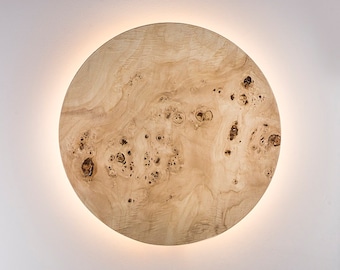 Wood Wall Lamp - Modern Light Fixture Nordic Decor Minimalist LED Light Geometric Circle Sconce Lighting Shade Natural POPLAR BURL Wood