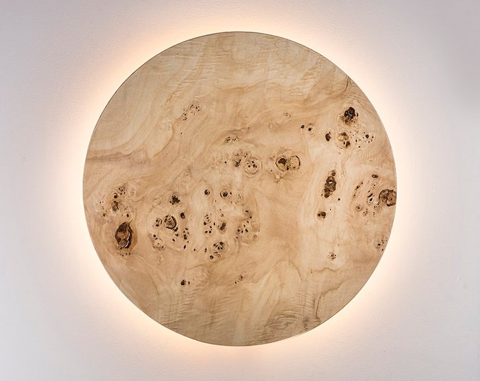 Featured listing image: Wood Wall Lamp - Modern Light Fixture Nordic Decor Minimalist LED Light Geometric Circle Sconce Lighting Shade Natural POPLAR BURL Wood