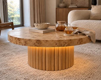 Poplar Burl Coffee Table with LED Light, Japandi Low Table, Unique Modern Wooden Coffee Table