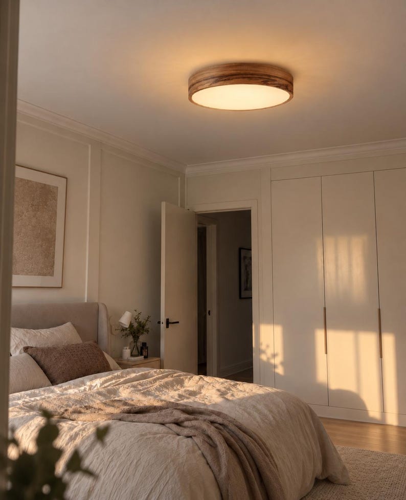 May include: A round flush mount ceiling light fixture featuring a circular wooden frame with a visible grain pattern and a frosted white acrylic diffuser that emits a warm, soft glow, illuminating the bedroom space from above.