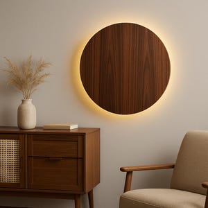 Modern Wood LED Wall Light – Round Flush Mount Sconce in Rosewood Veneer – Minimalist Natural Wall Decor