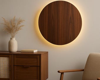 Modern Wood LED Wall Light – Round Flush Mount Sconce in Rosewood Veneer – Minimalist Natural Wall Decor