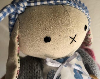 Handmade Linen Bunny Stuffed Animal: Embroidered Clothes & Shoes