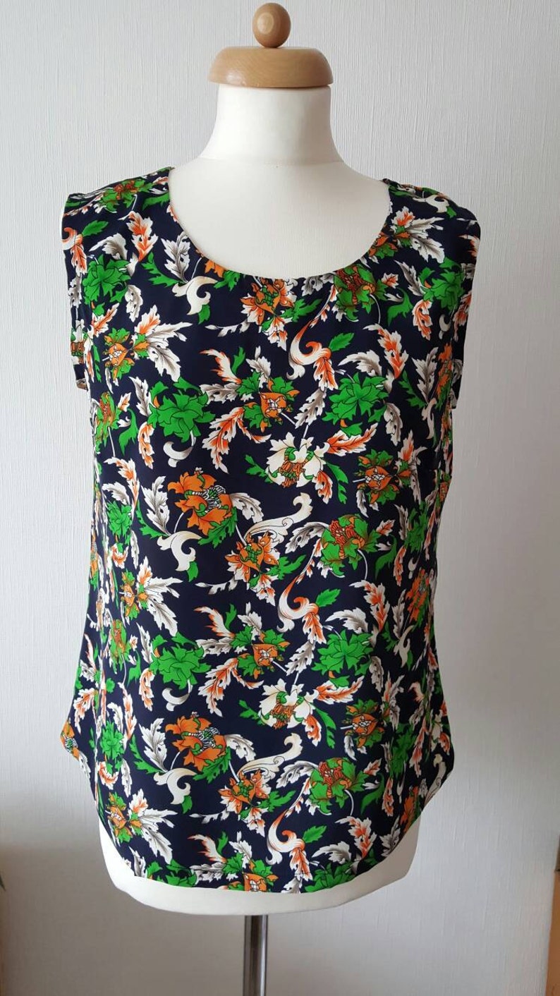Navy Floral Print Shell Top, Crepe De Chine Blouse, Sleeveless Blouse ...