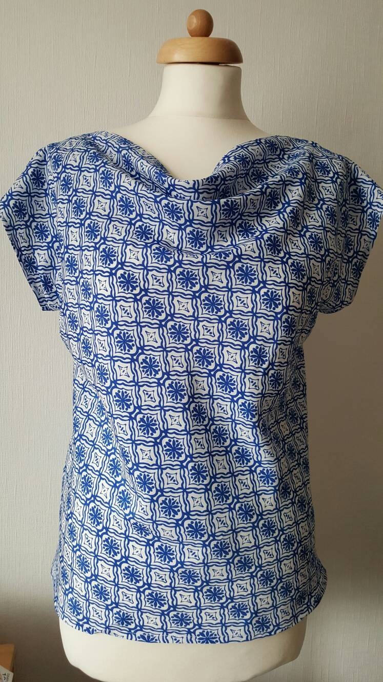 Blue and White Print Shell Top Cowl Neck Top White and Blue - Etsy UK