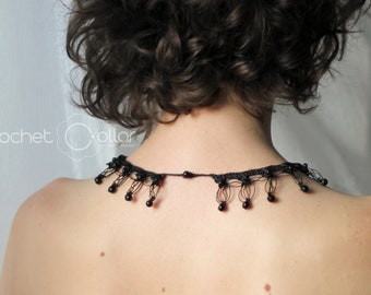 Schwarze Perlen Häkelkette, Boho Stil, zarte Halskette