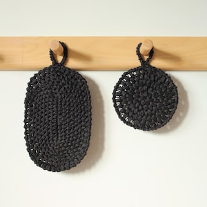 Crochet potholders, black linen potholders